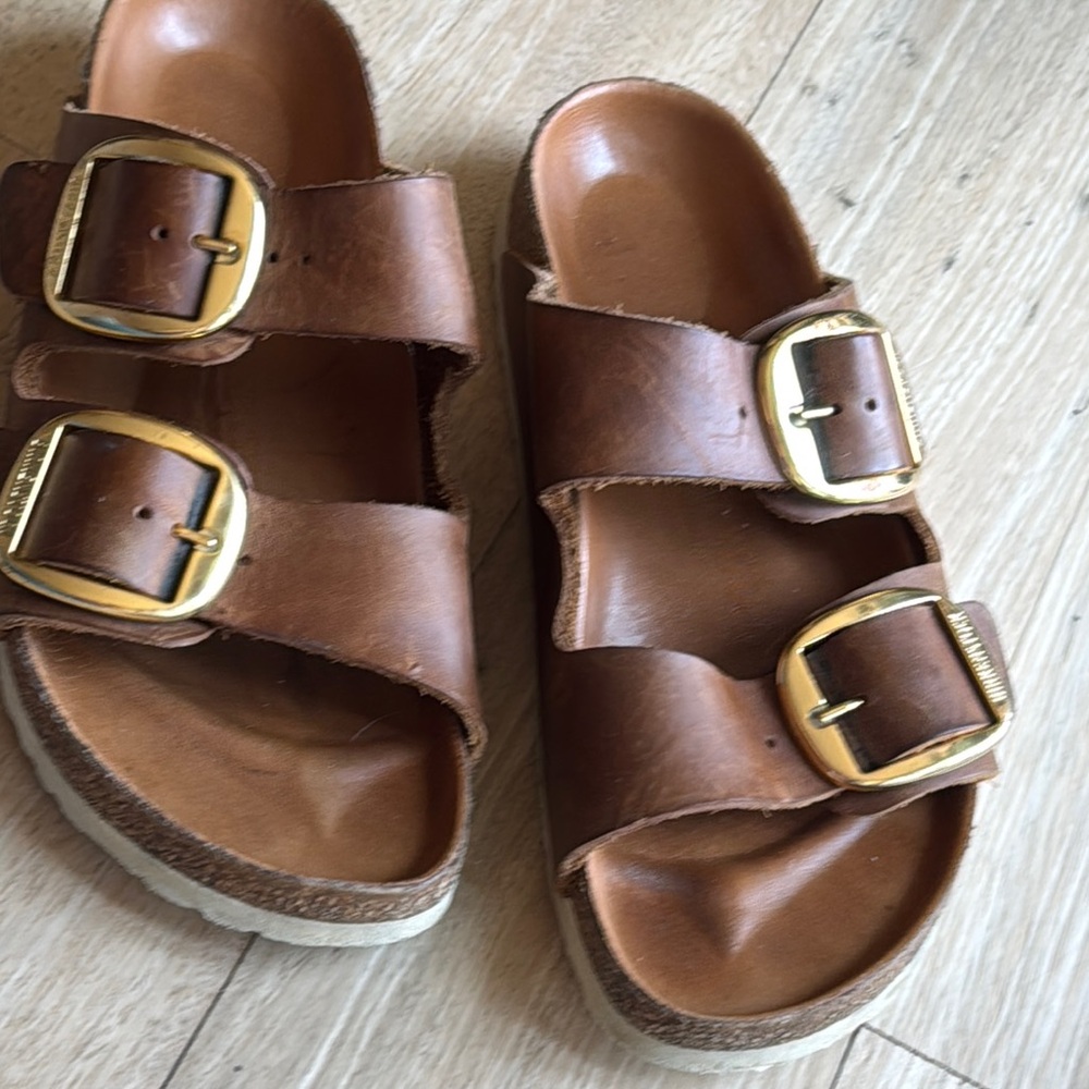 Birkenstock Brown Leather Sandals with Gold Buckles